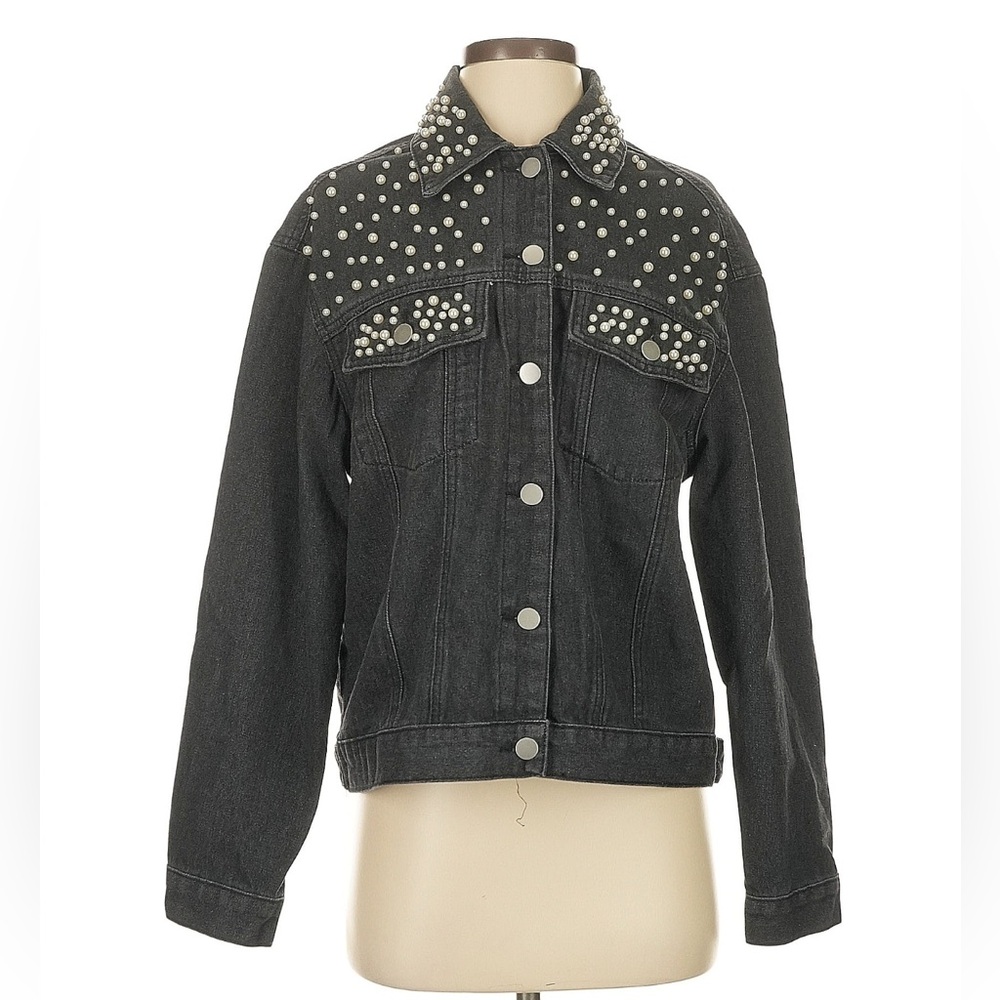 OnTwelfth Black Denim Jacket with Pearl Accents – Size S